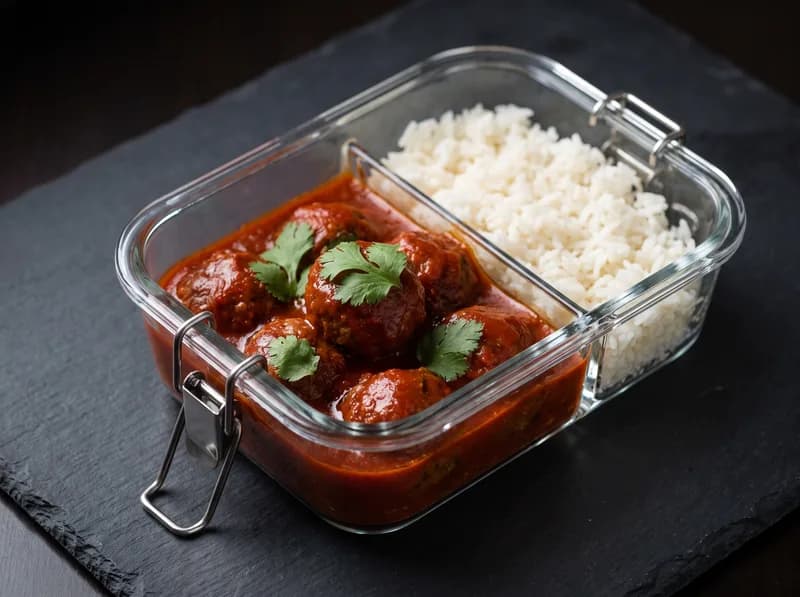 Albóndigas de res en salsa de jitomate y guajillo con arroz