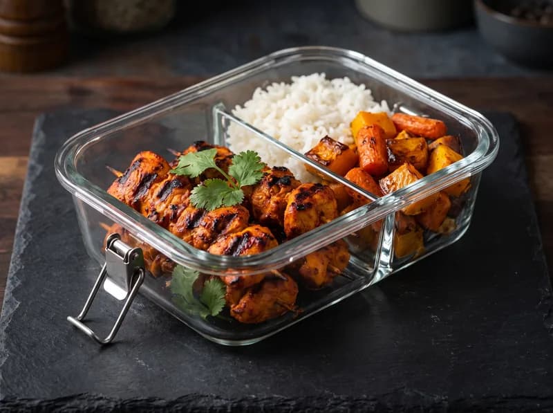 Brochetas de pollo marinadas en achiote y cítricos con arroz