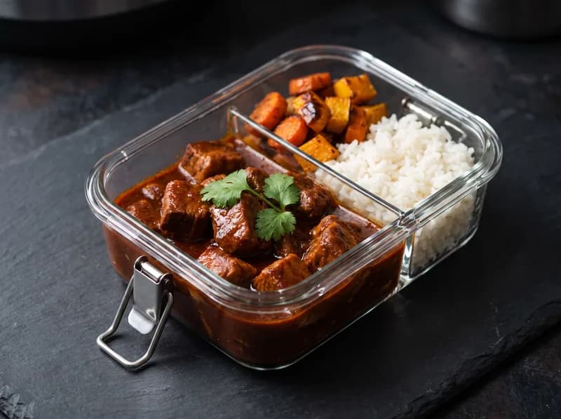 Cerdo en adobo con arroz y verduras