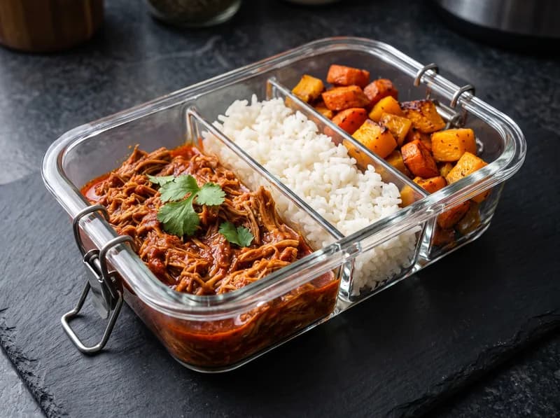 Cerdo en adobo deshebrado con arroz y verduras
