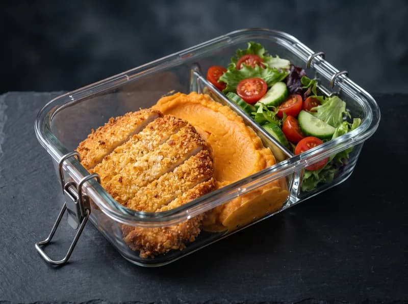 Milanesa de pollo horneada con puré de camote y ensalada
