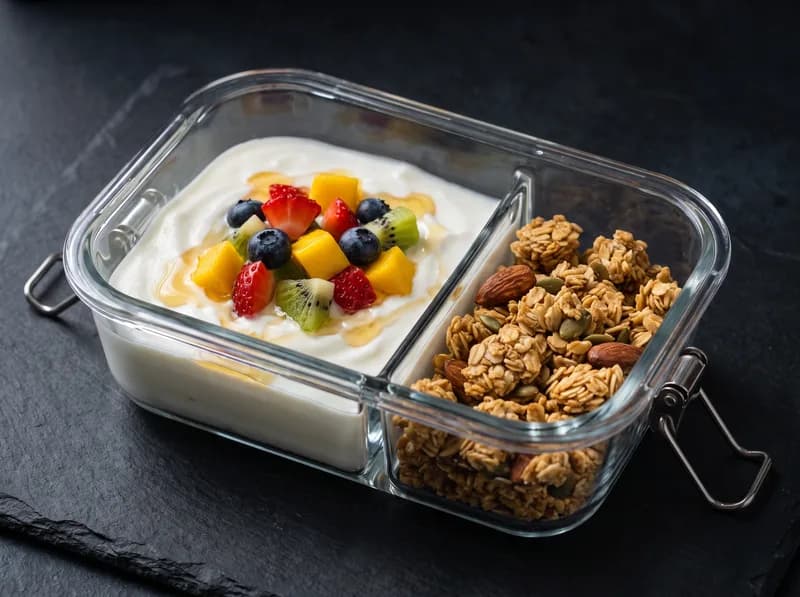 Parfait de yogurt con granola y fruta de temporada