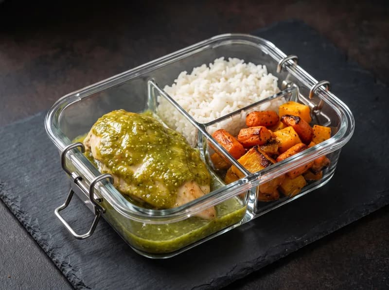 Pollo en salsa verde con arroz y verduras asadas