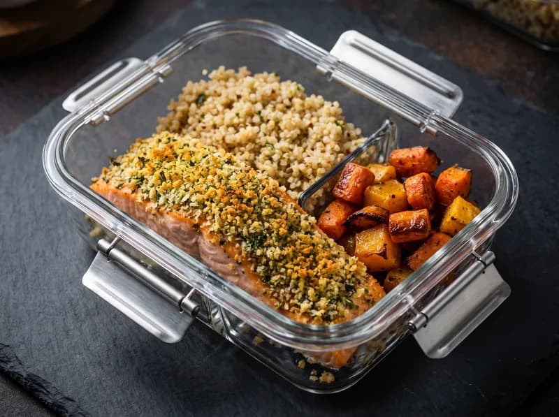 Salmón horneado en costra de hierbas con quinoa y verduras