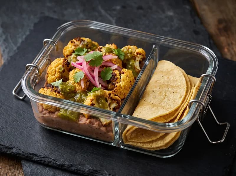 Tacos de coliflor asada con frijoles y salsa verde