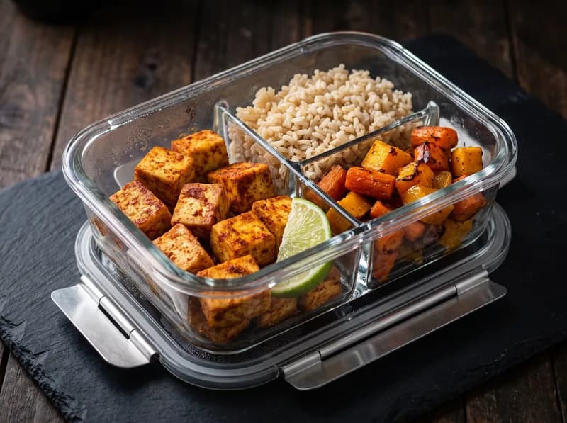 Tazón de tofu al horno estilo cajún con arroz integral y verduras asadas