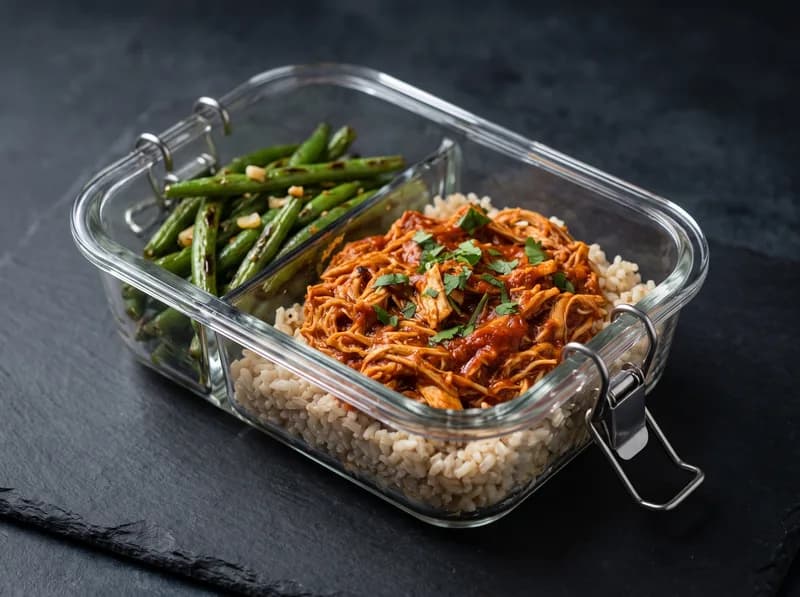 Tinga de pollo con arroz integral y ejotes salteados