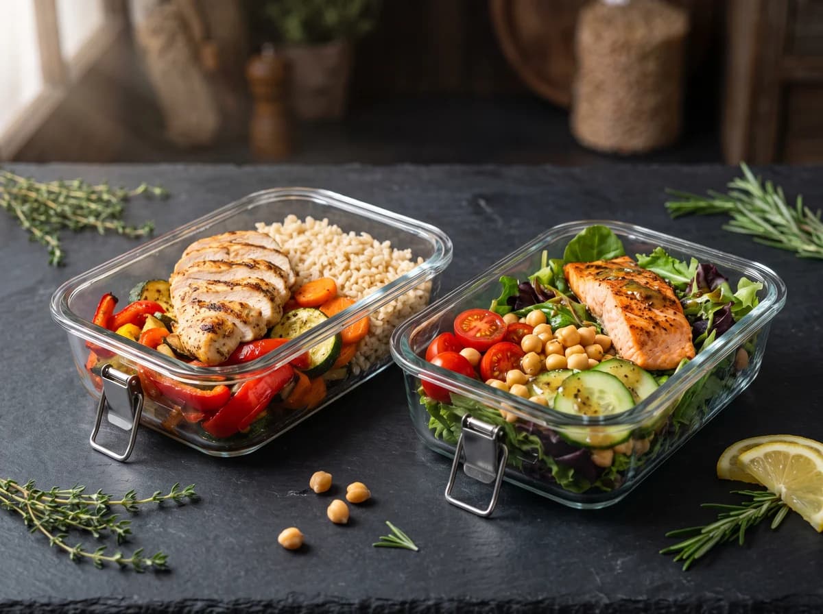 Contenedores de vidrio Delipks con pollo, salmón y verduras frescas listos para tu semana